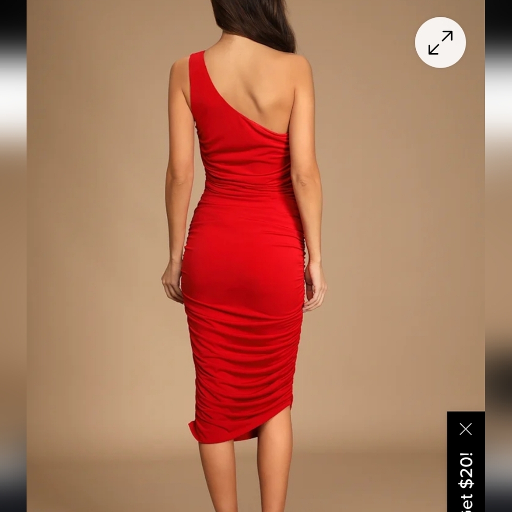 Lulu's One-Shoulder Red Ruched Midi Dress - Picture 2 of 9
